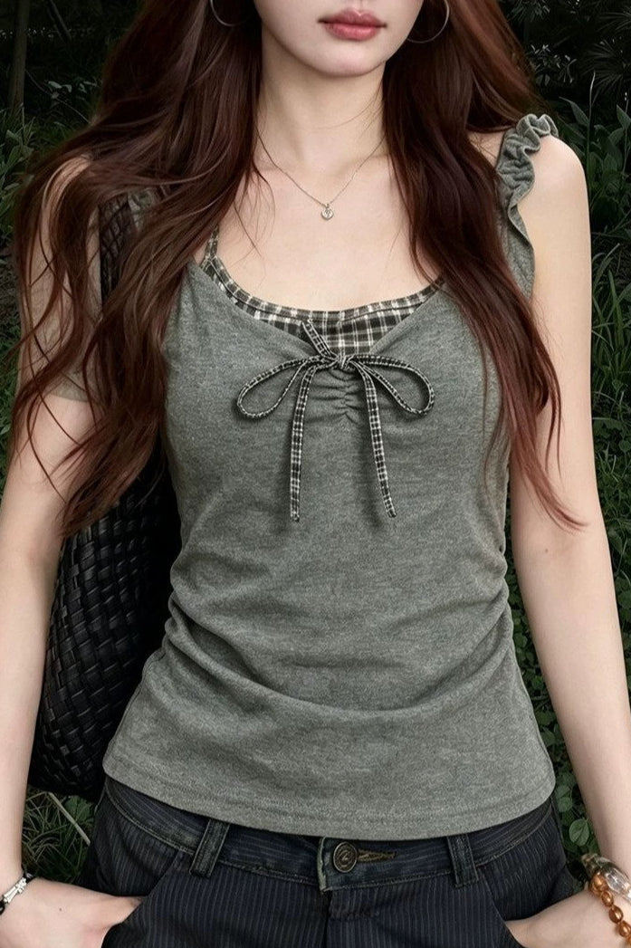 Bow Detail Contrast Trim Tank Top