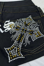 Rhinestone Cross Print Low-Rise Hot Pants