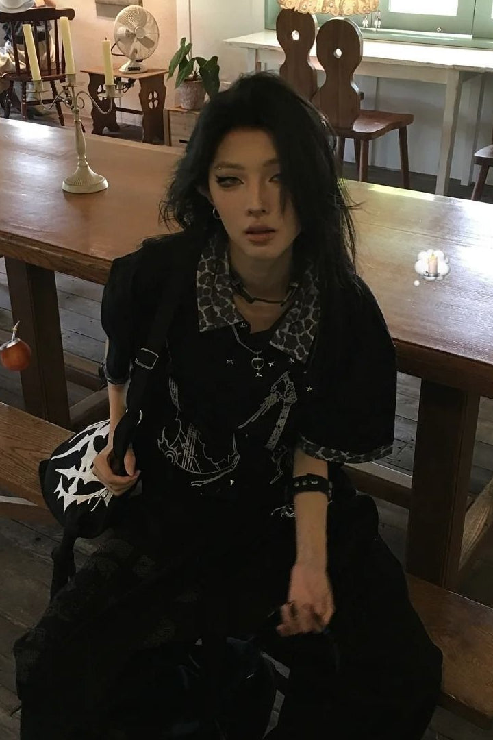 Grunge Leopard Sickle Patchwork Loose Unisex T-shirt