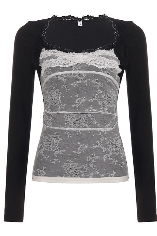 Contrast Lace Panel Long Sleeve Crop Tops