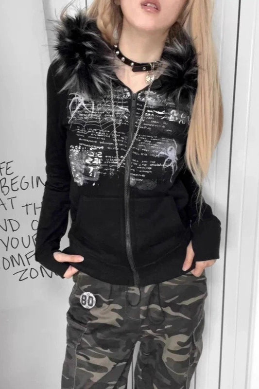 Rhinestone Graphic Black Fur Trim Zip Hoodie Secondary image