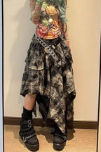 Y2K Alt Girl Tie-Dye Plaid Asymmetrical Tiered Maxi Skirt