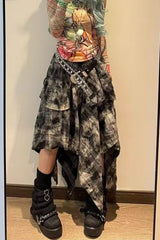 Y2K Alt Girl Tie-Dye Plaid Asymmetrical Tiered Maxi Skirt