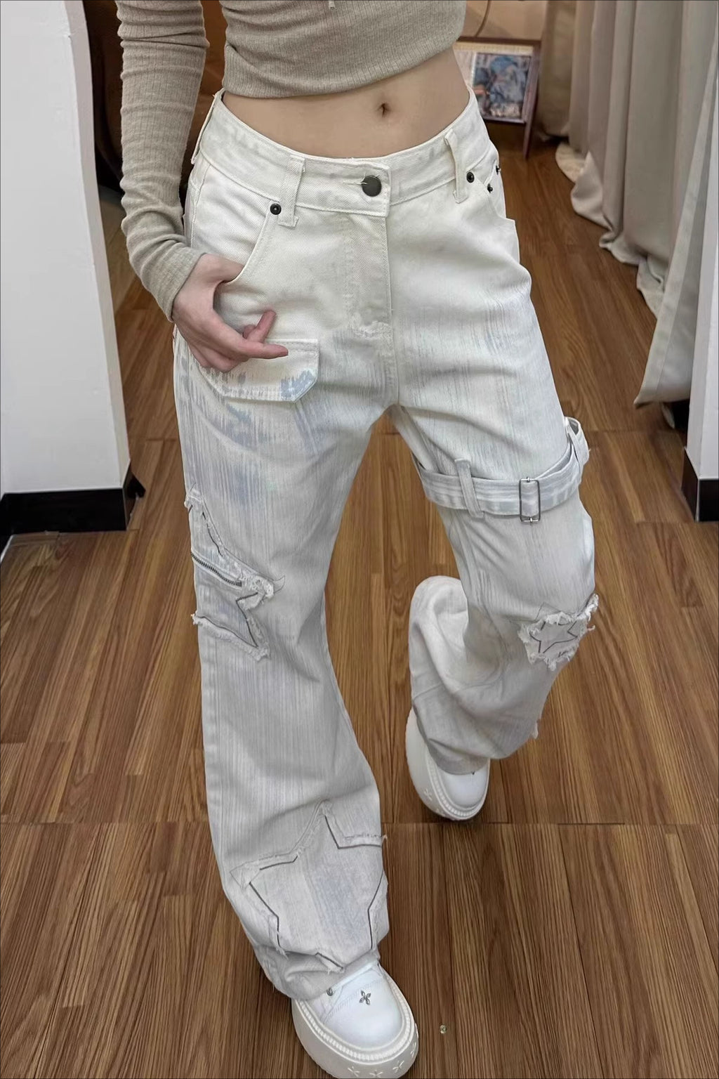 Retro Cross & Letter Embroidery Flare Jeans Pants
