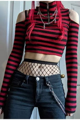 Striped Off Shoulder Zip Knit T-Shirt