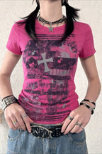 Y2K Gothic Cross Print Slim Crop T-shirt