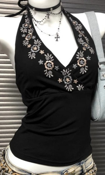 Y2K Black V-neck Embroidered Halter Backless Retro Cami Top Main image