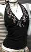 Y2K Black V-neck Embroidered Halter Backless Retro Cami Top