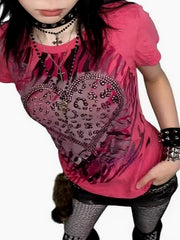 Y2K Leopard Heart Rhinestone T-shirt