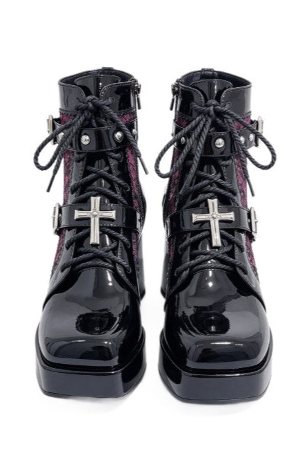 Cross Charm Lace Up Platform Boots