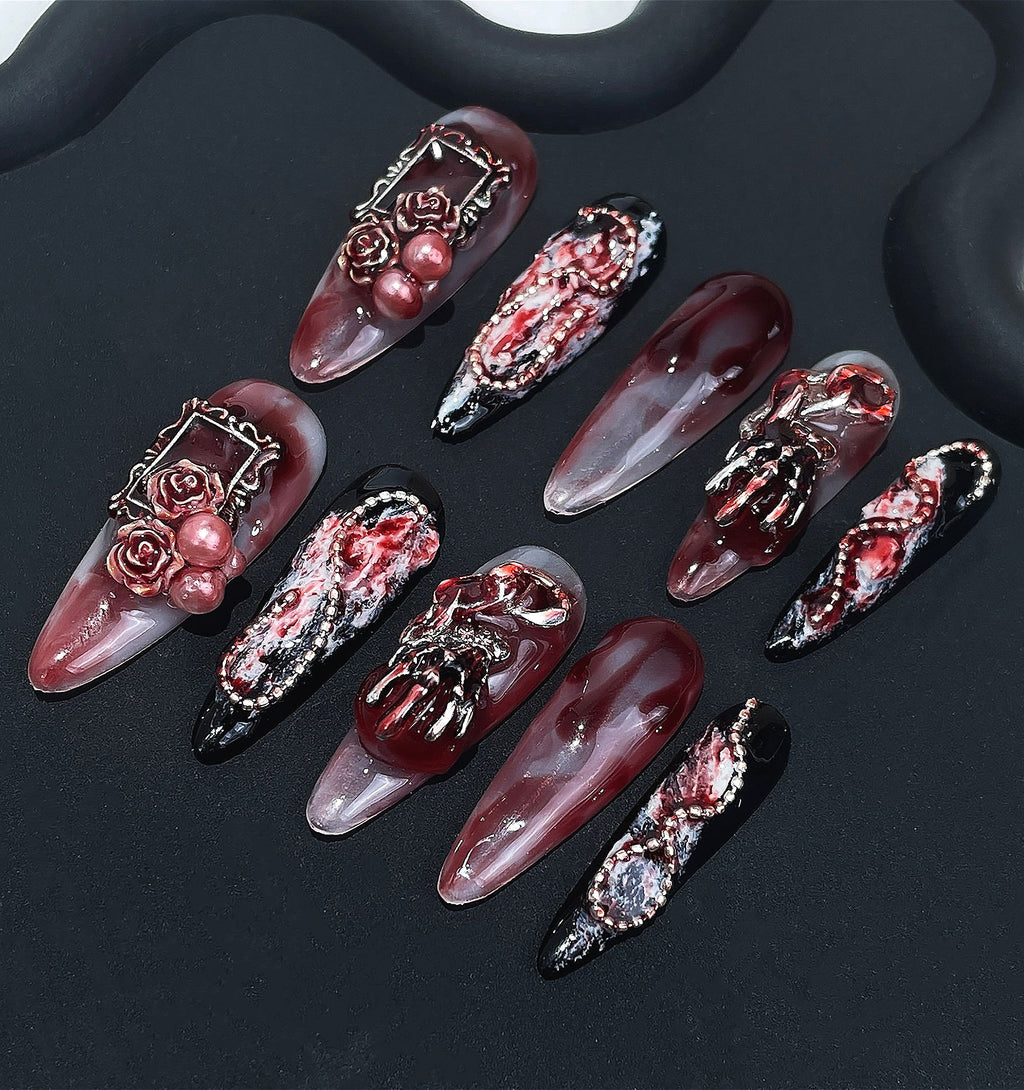 Dark Blood Stained Rose Press On Nails