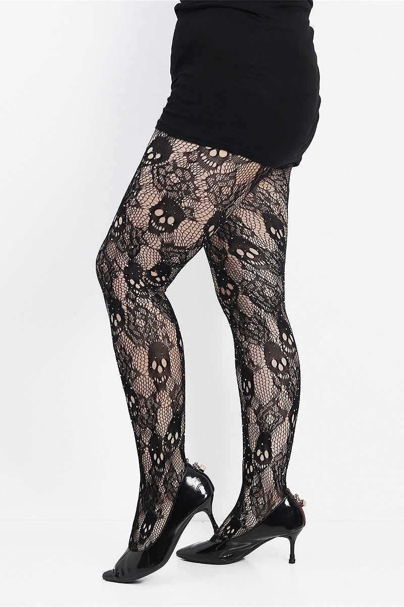 Gothic Skull Rose Fishnet Tights
