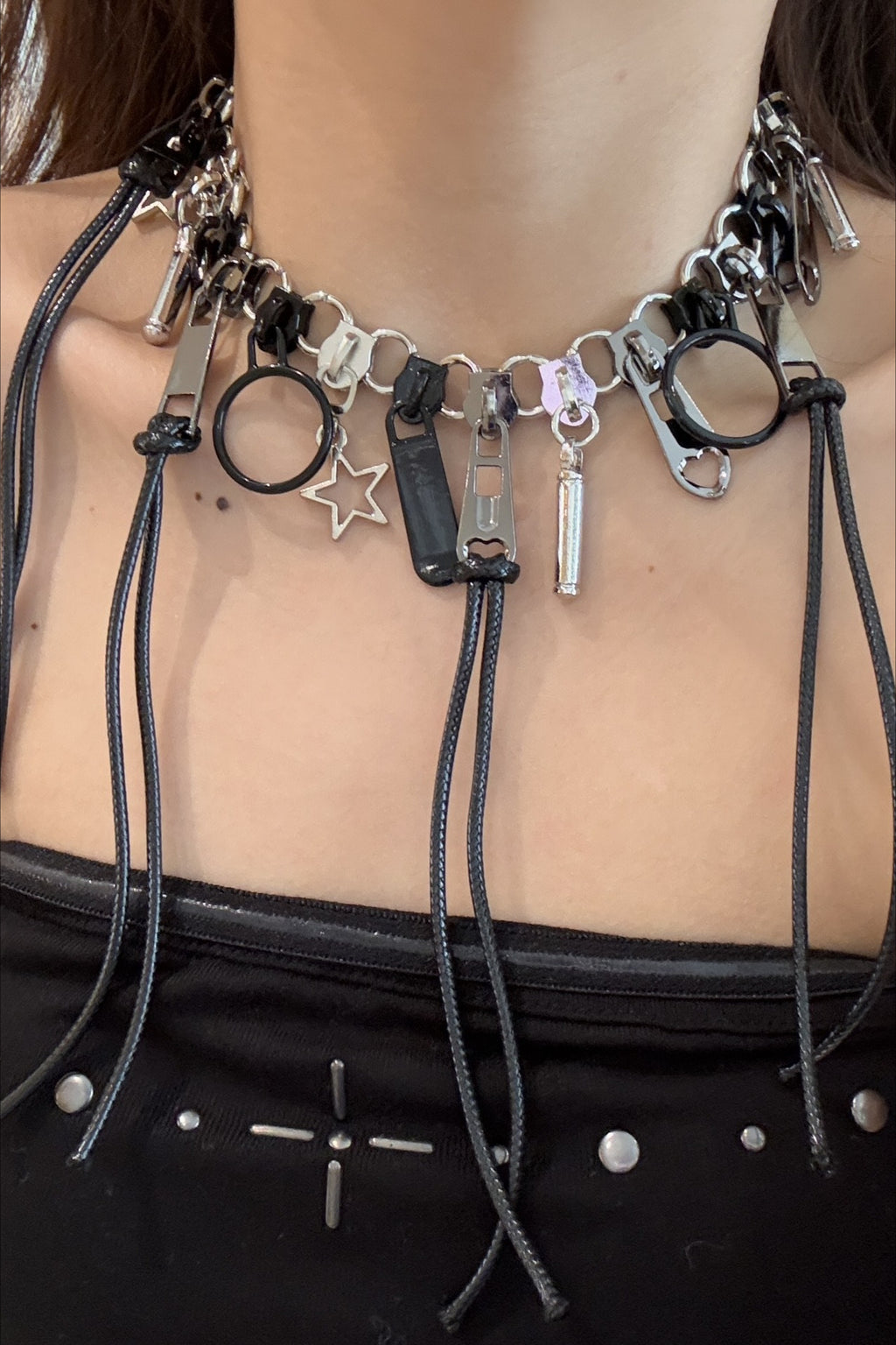 Black Zipper Leather Cord Necklace