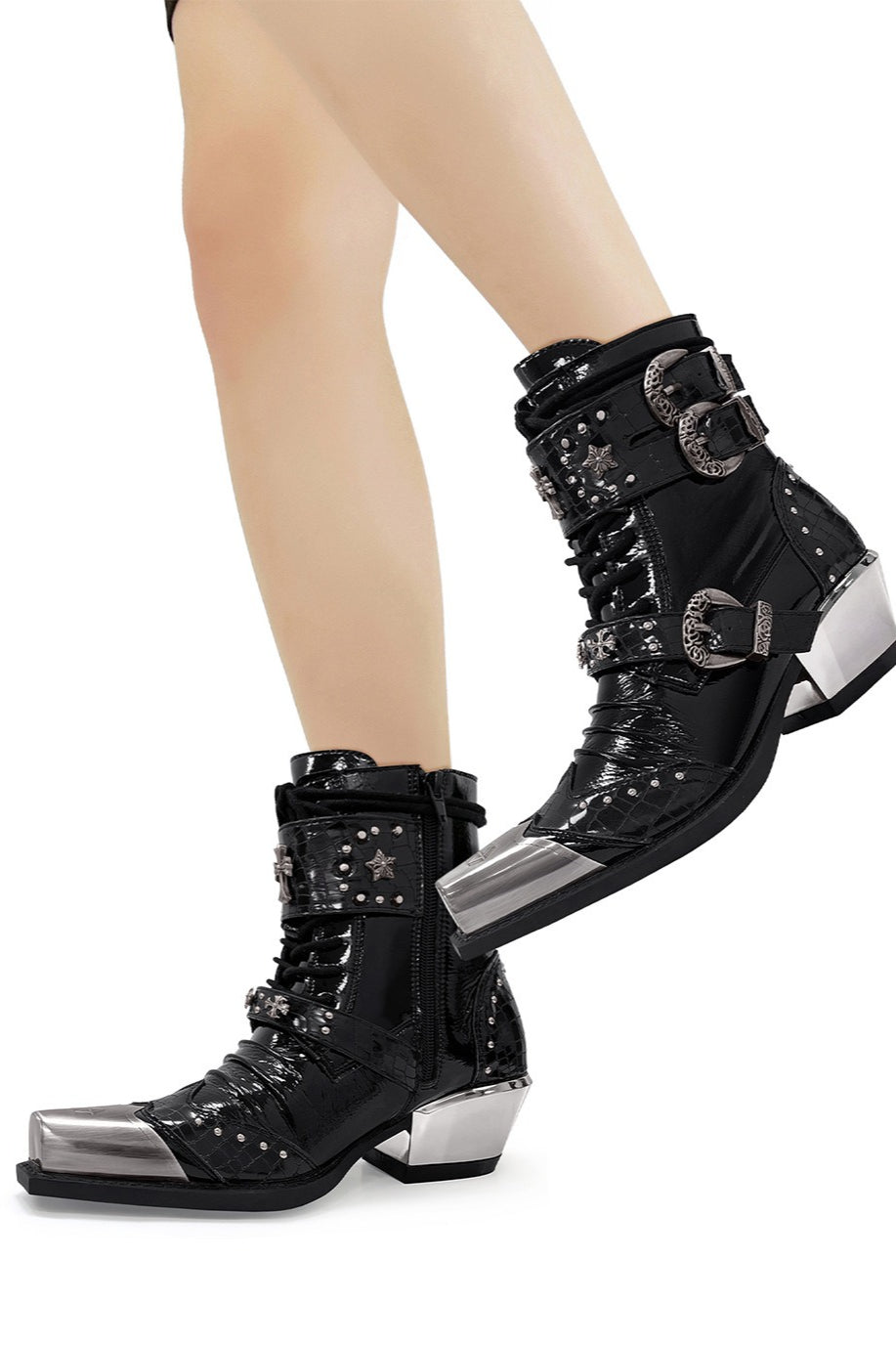 Studded Metal-Toe Cowboy Ankle Boots