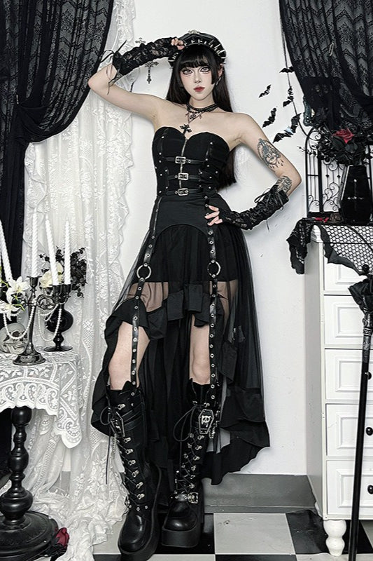 Black Gothic Asymmetric Mesh Maxi Skirt