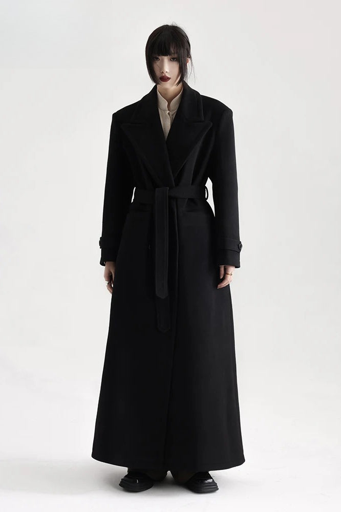 Loose Wool-Blend Extra Long Black Coat Secondary image