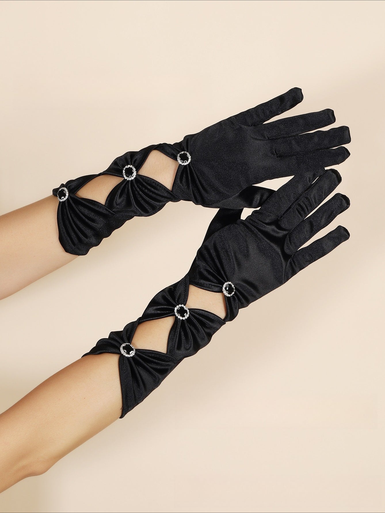 Gothic Black Rhinestone Mid-length Satin Formal Gloves Main image