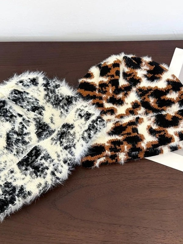 Y2K Leopard Print Plush Knitted Beanie Unisex Winter Travel Warm Versatile Hat Main image