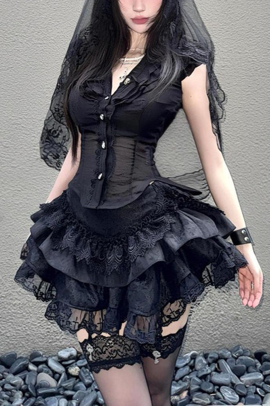 Black Lace Shirt And Tiered Mini Skirt Set