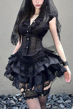 Black Lace Shirt And Tiered Mini Skirt Set