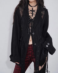 Black Cross Lapel Lace Blouse