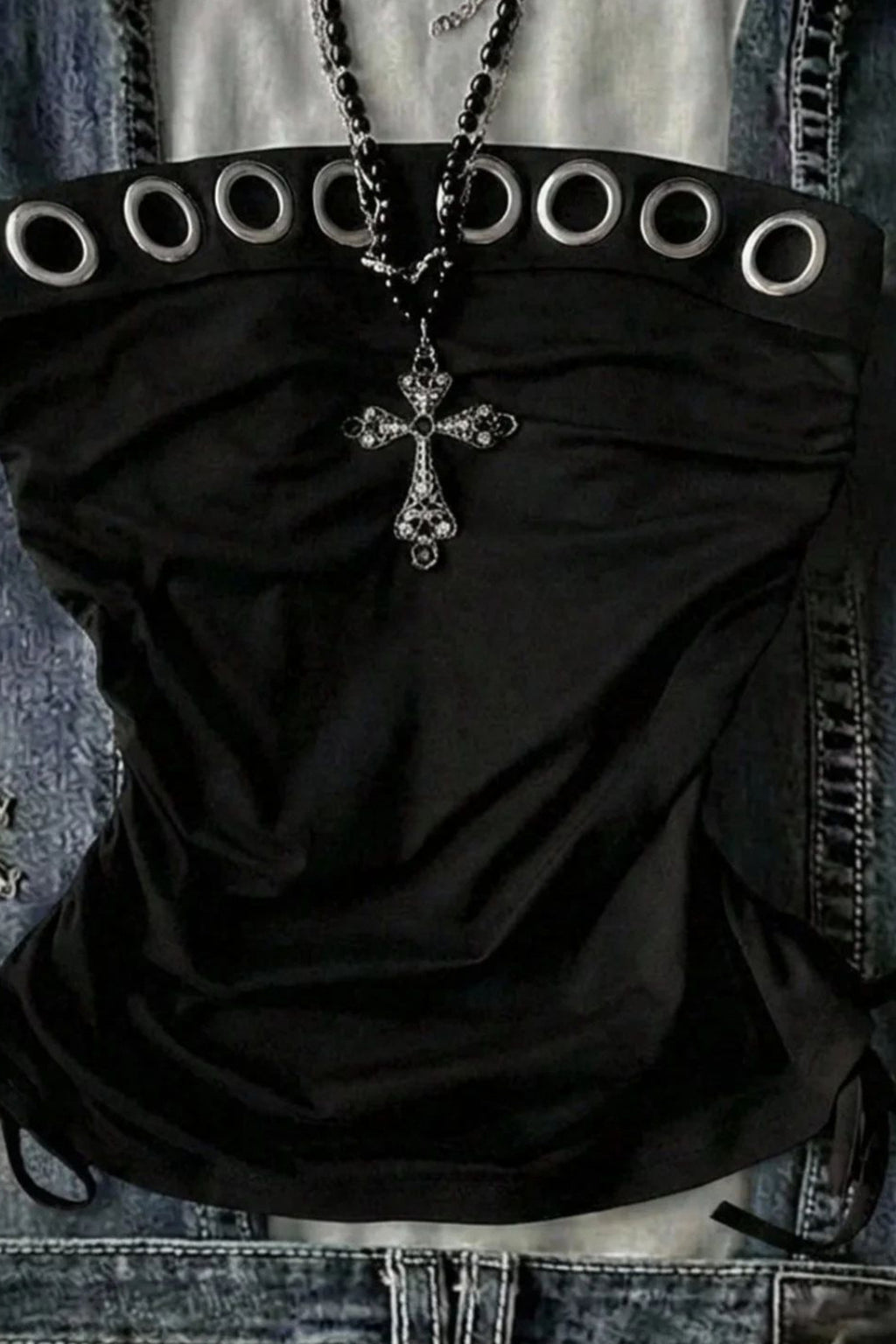 Ring Detail Strapless Drawstring Crop Top
