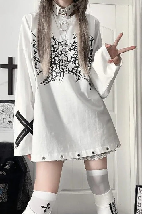 Dark Print Cotton Loose Long Sleeve T-Shirt Main image