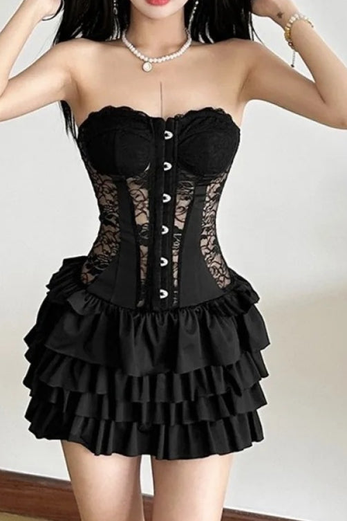 Black Lace Patchwork Off Shoulder Backless Tiered Mini Dress Secondary image