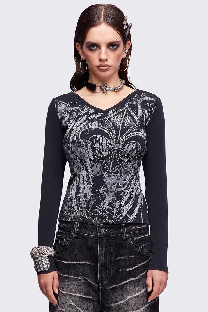 American Y2K Dark Aesthetic Black Print V-neck Long Sleeve Knit Top Main image