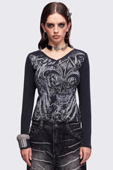 American Y2K Dark Aesthetic Black Print V-neck Long Sleeve Knit Top