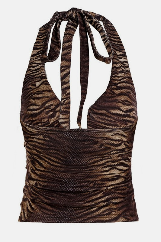 Y2K Vintage Deep V Neck Animal Print Halter Top