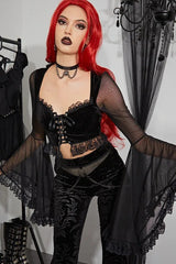 Vintage Black Lace-up Flared Sleeve Crop T-shirt