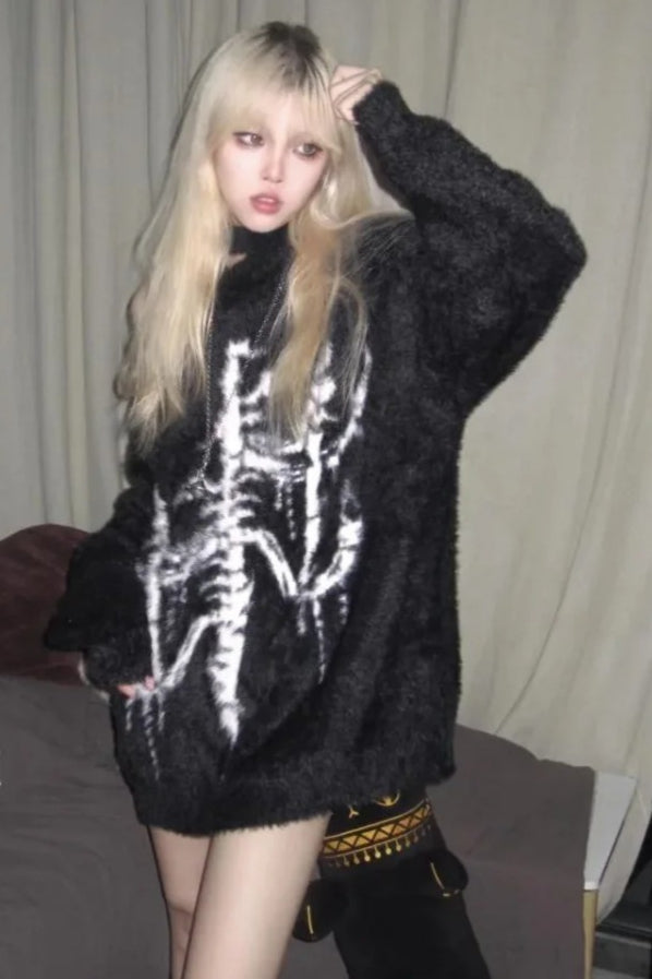 Y2K Harajuku Dark Print Off Shoulder Knit Sweater Secondary image