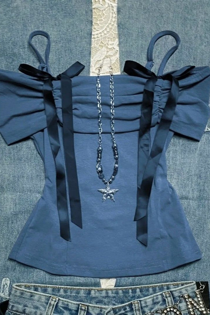 Bow Off Shoulder Ruched Crop Top Main image