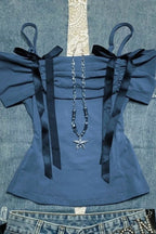 Bow Off Shoulder Ruched Crop Top