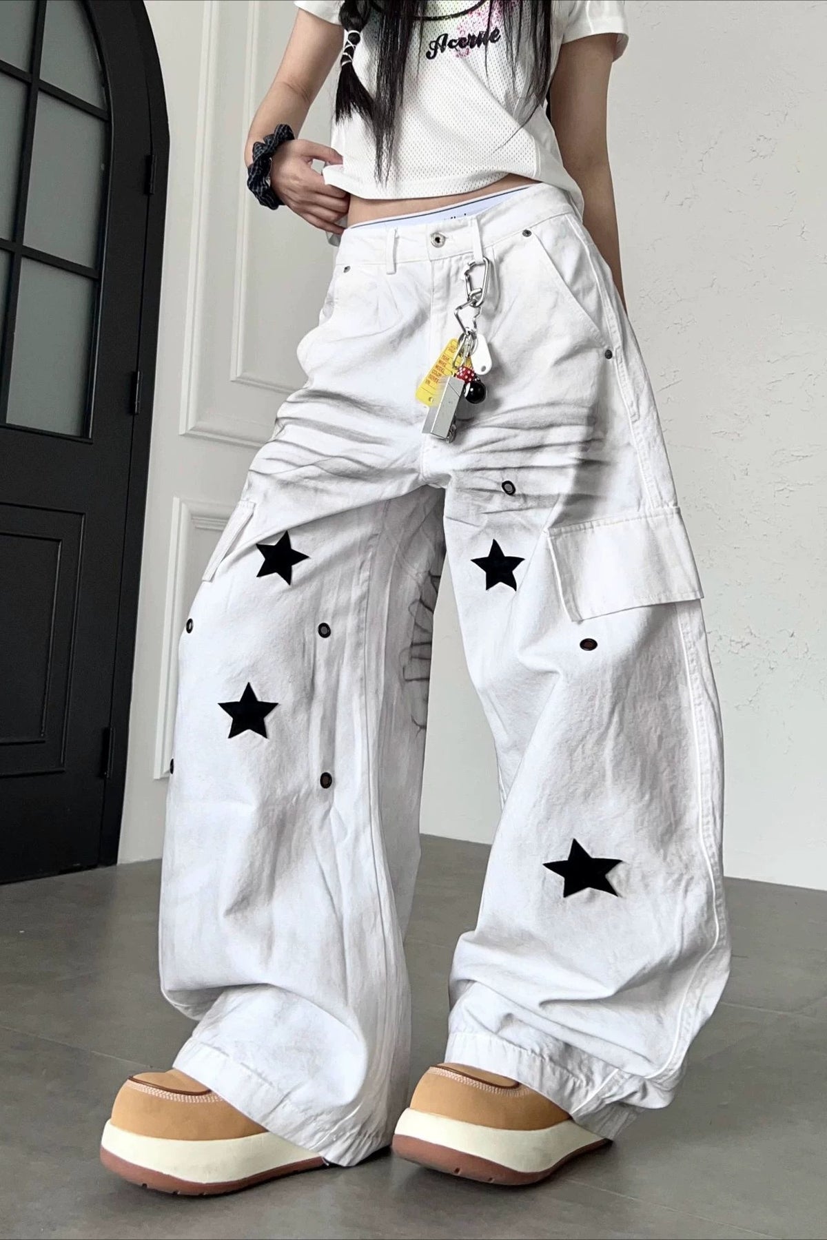 Star Print Cargo Denim Pants