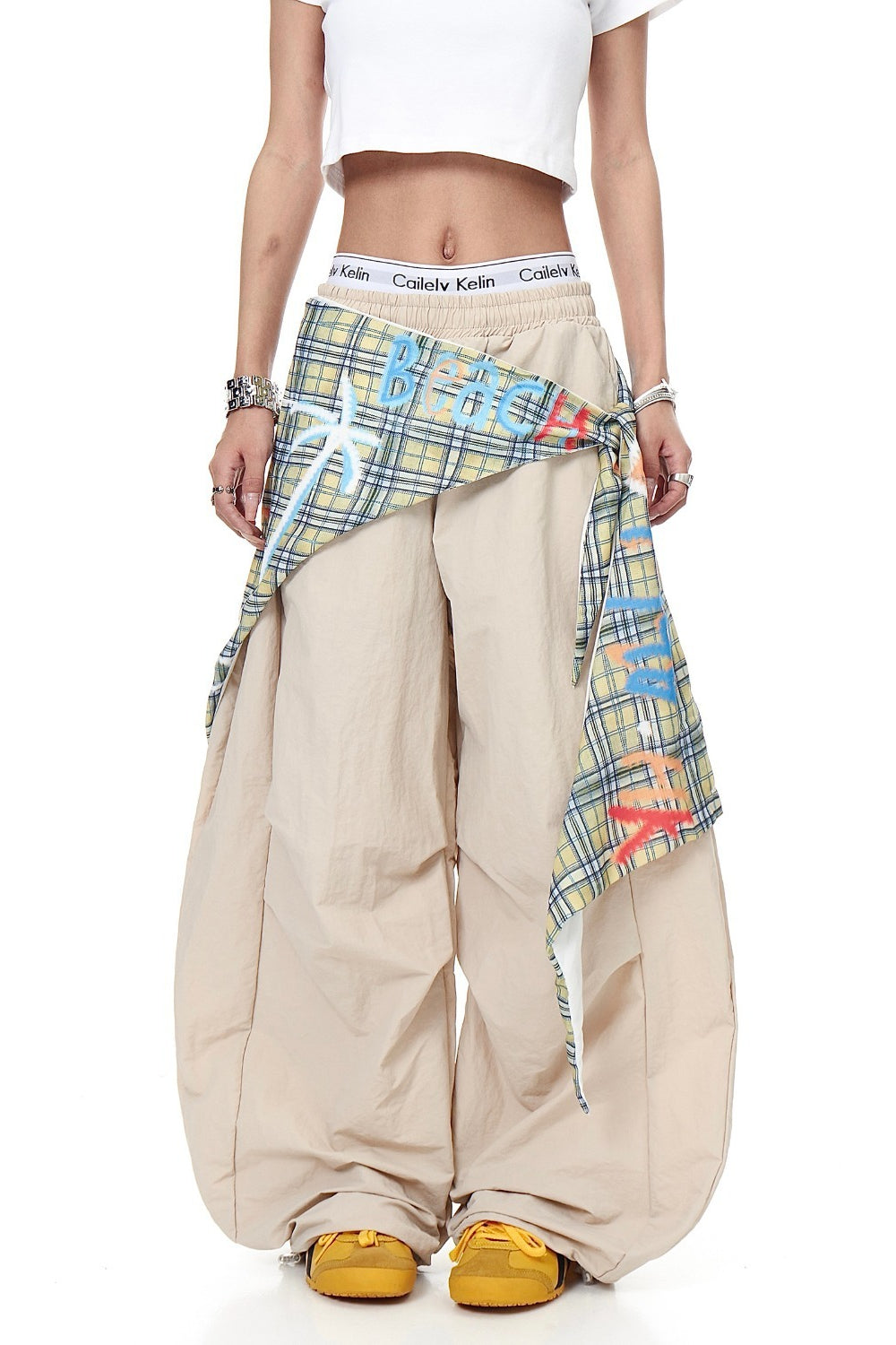 Plaid Wrap Panel Cargo Pants