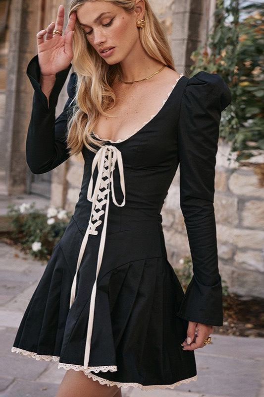 Lace Up Puff Shoulder Mini Dress