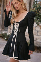 Lace Up Puff Shoulder Mini Dress