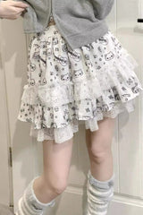 Y2K Dark Print Lace Ruffle Mini Skirt