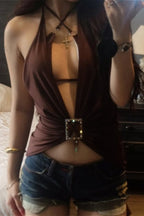 Street Hollow Out Deep V Neck Solid Color Halter Top