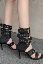 Studded Buckle Mid-Heel Sandals