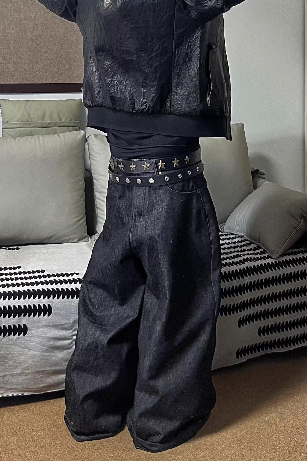 Baggy Gothic Streetwear Plaid Patch Denim Floor-Length Pants Secondary image