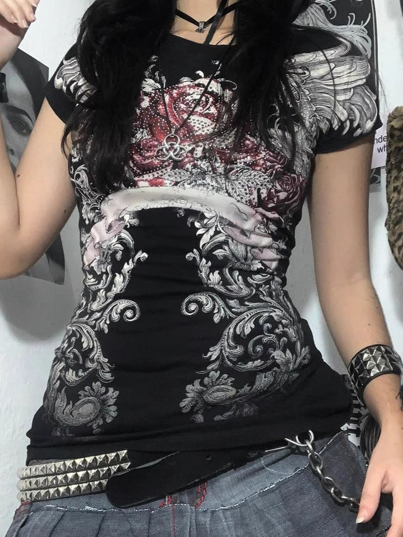 Dark Y2K Graphic Print Fitted T-shirt Main image