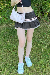 Spice Striped Bow Lace Pleated Patchwork Mini Skirt