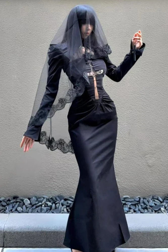 Gothic Lace Veil Cross Maxi Dress Main image