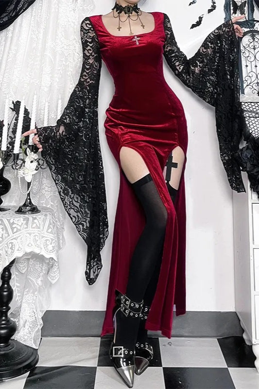 Goth Dark Lace Patchwork Velvet Flare Sleeve Maxi Dress Main image