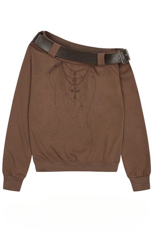 Retro Leather Buckle Asym Off Shoulder T-shirt Secondary image