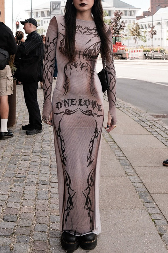 Cyberpunk Print Slim Fit Long Sleeve Crew Neck Maxi Dress Secondary image