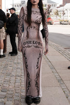 Cyberpunk Print Slim Fit Long Sleeve Crew Neck Maxi Dress